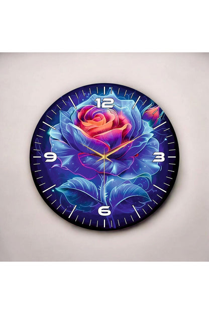 Çiçek Gül Renkli Baskı Desenli Sayılı Hediyelik Ahşap Sessiz Tablo Duvar Saati