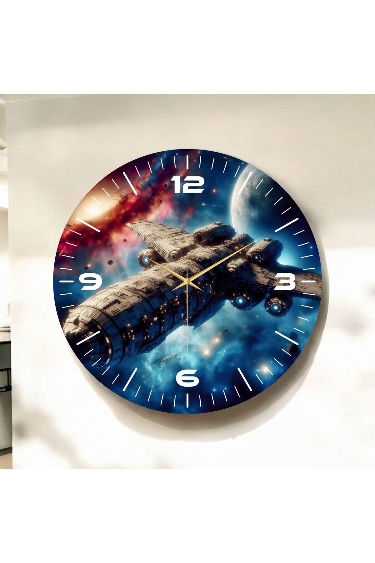 Renkli Baskı Uzay Desenli Sayılı Hediyelik Ahşap Sessiz Tablo Duvar Saati 45cm