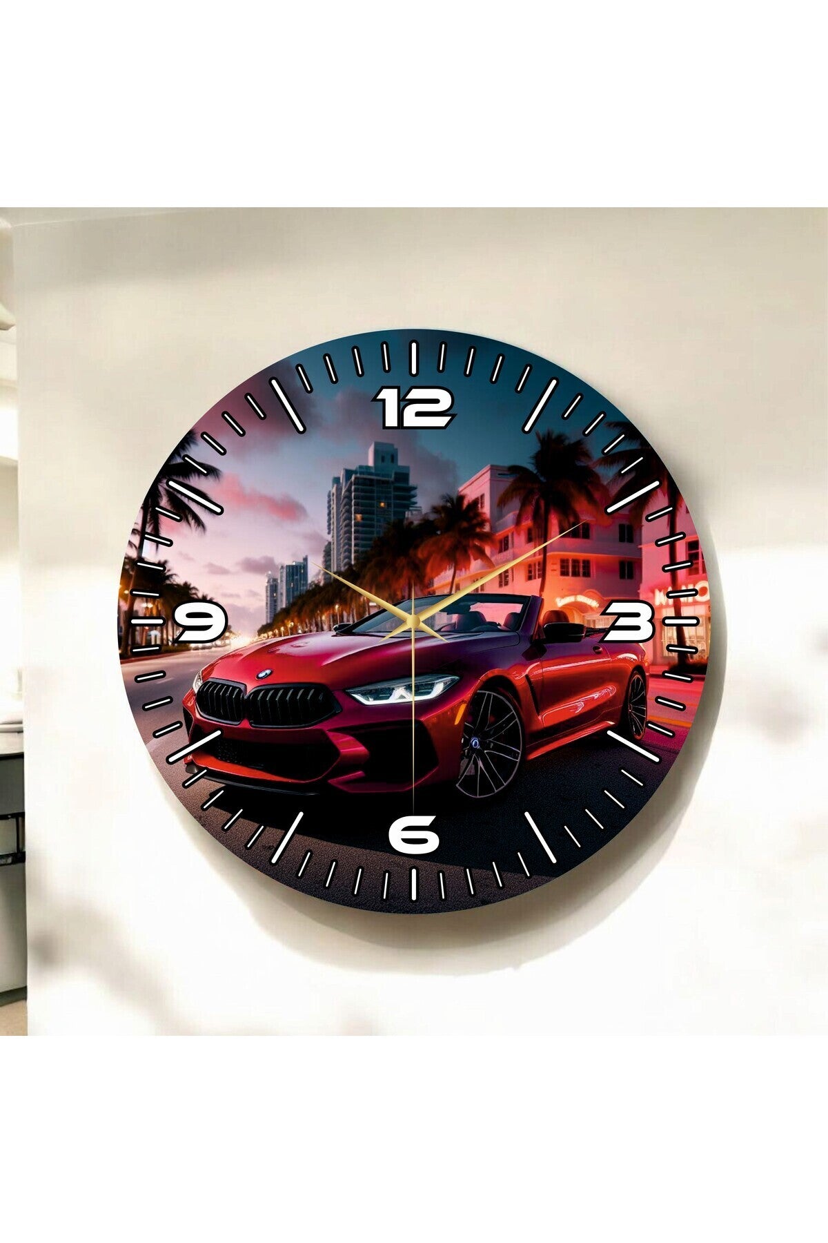 Renkli Baskı Araba Desenli Sayılı Hediyelik Ahşap Sessiz Tablo Duvar Saati 45cm