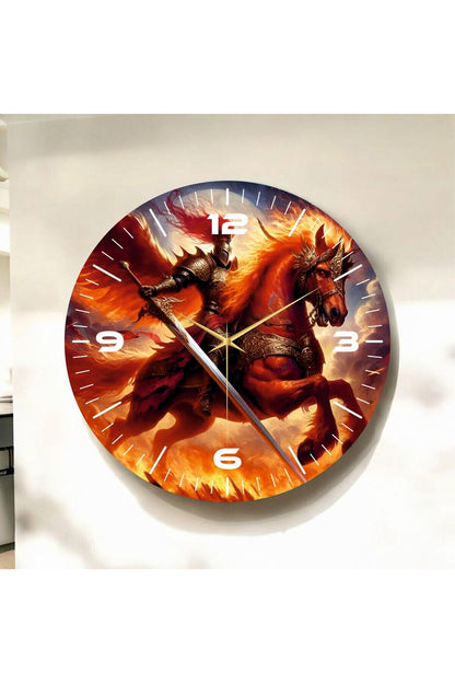 Renkli Baskı At Savaşcı Desenli Sayılı Hediyelik Ahşap Sessiz Tablo Duvar Saati