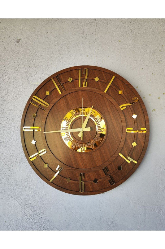 Ceviz Renk Ahşap Gold Sayılı Hediyelik Dekoratif Sessiz Desenli Ev Hediyelik Duvar Saati 50cm
