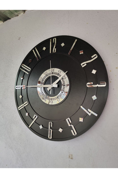 Siyah Renk Gümüş Sayılı Hediyelik Ahşap Dekoratif Farklı Desenli Ev Hediyelik Duvar Saati 50cm