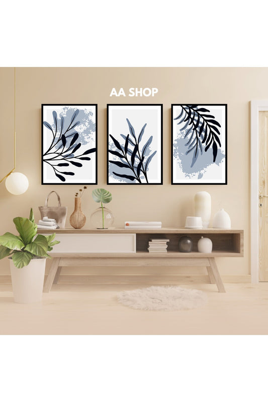 3 Parça Çiçek Yaprak Renkli Solmaz Kaliteli Baskı Çerçeve Görünümlü MDF Tablo Set 27