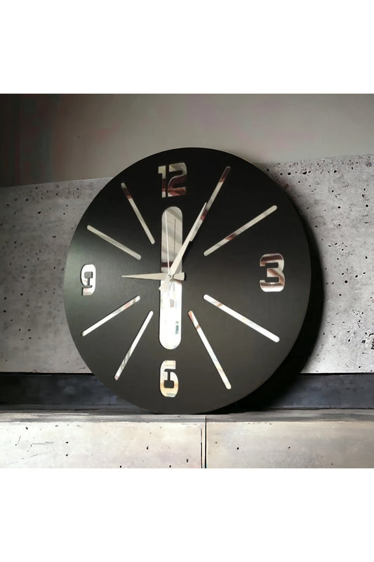 Siyah Renk Hediyelik Ahşap Aynalı Dekoratif Farklı Desenli Duvar Saati 50cm