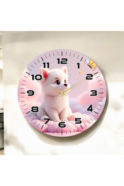 Renkli Baskı Köpek Hayvan Desenli Sayılı Hediyelik Ahşap Sessiz Tablo Duvar Saati