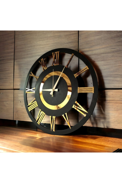 Siyah Ve Ceviz Renk Gold Sayılı Hediyelik Ahşap Dekoratif Farklı Desenli Ev Duvar Saati 50cm