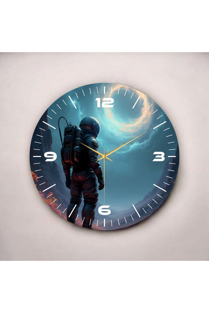 Renkli Baskı Astronot Uzay Desenli Sayılı Hediyelik Ahşap Sessiz Tablo Duvar Saati