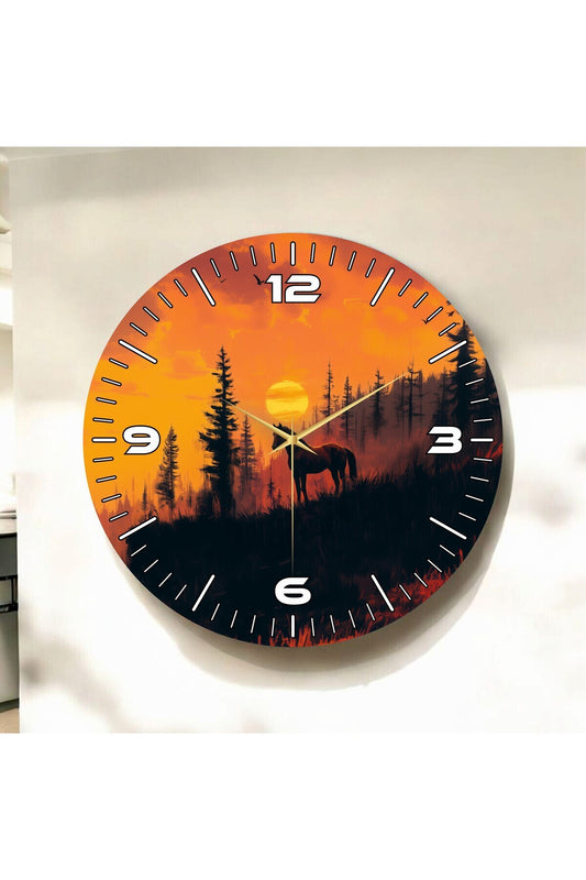 Renkli Baskı Gün Batımı Orman Ve At Desenli Sayılı Hediyelik Ahşap Sessiz Tablo Duvar Saati