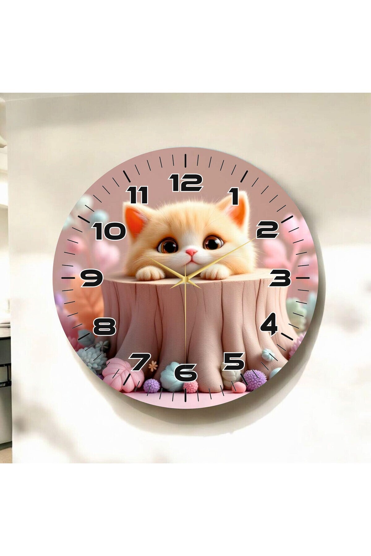 Renkli Baskı Kedi Çocuk Desenli Sayılı Hediyelik Ahşap Sessiz Tablo Duvar Saati