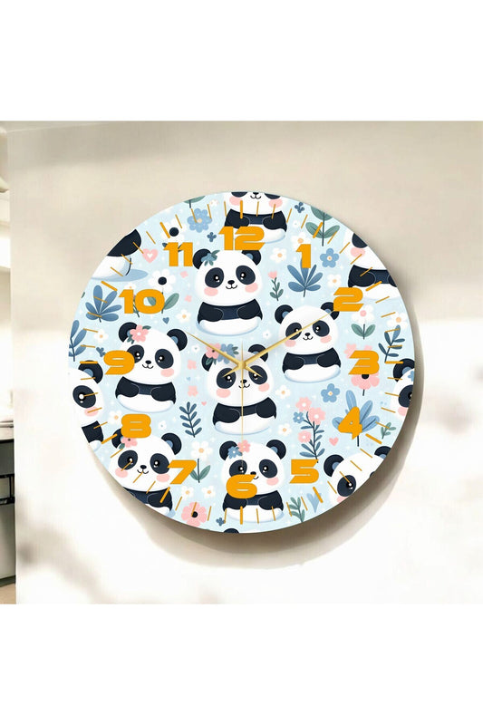 Renkli Baskı Panda Çocuk Desenli Sayılı Hediyelik Ahşap Sessiz Tablo Duvar Saati