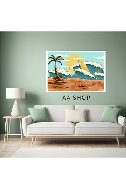 Deniz Sahil Sörf Büyük Boy Renkli Solmaz Kaliteli Baskı Çerçeve Görünümlü MDF Tablo 70x50cm 115
