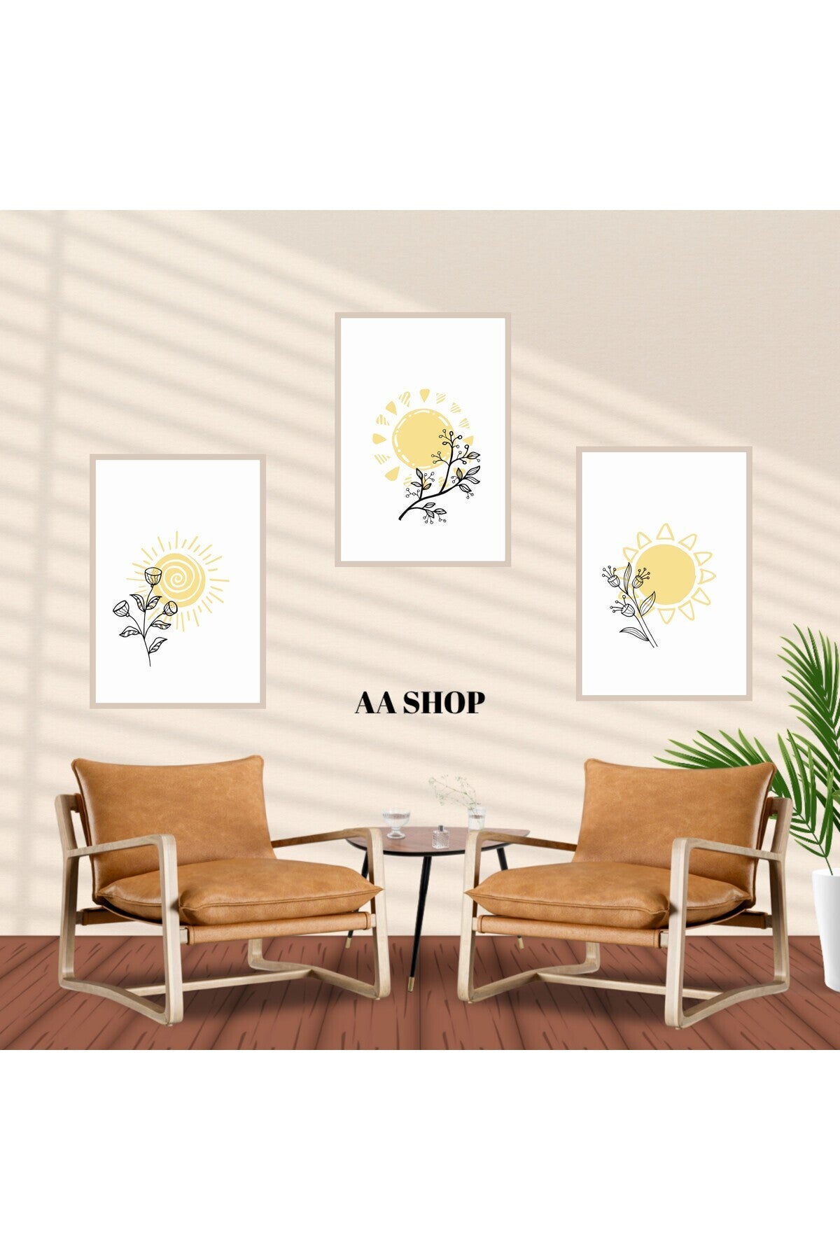 3 Parça Çiçek Güneş Renkli Solmaz Kaliteli Baskı Çerçeve Görünümlü MDF Tablo Set 92