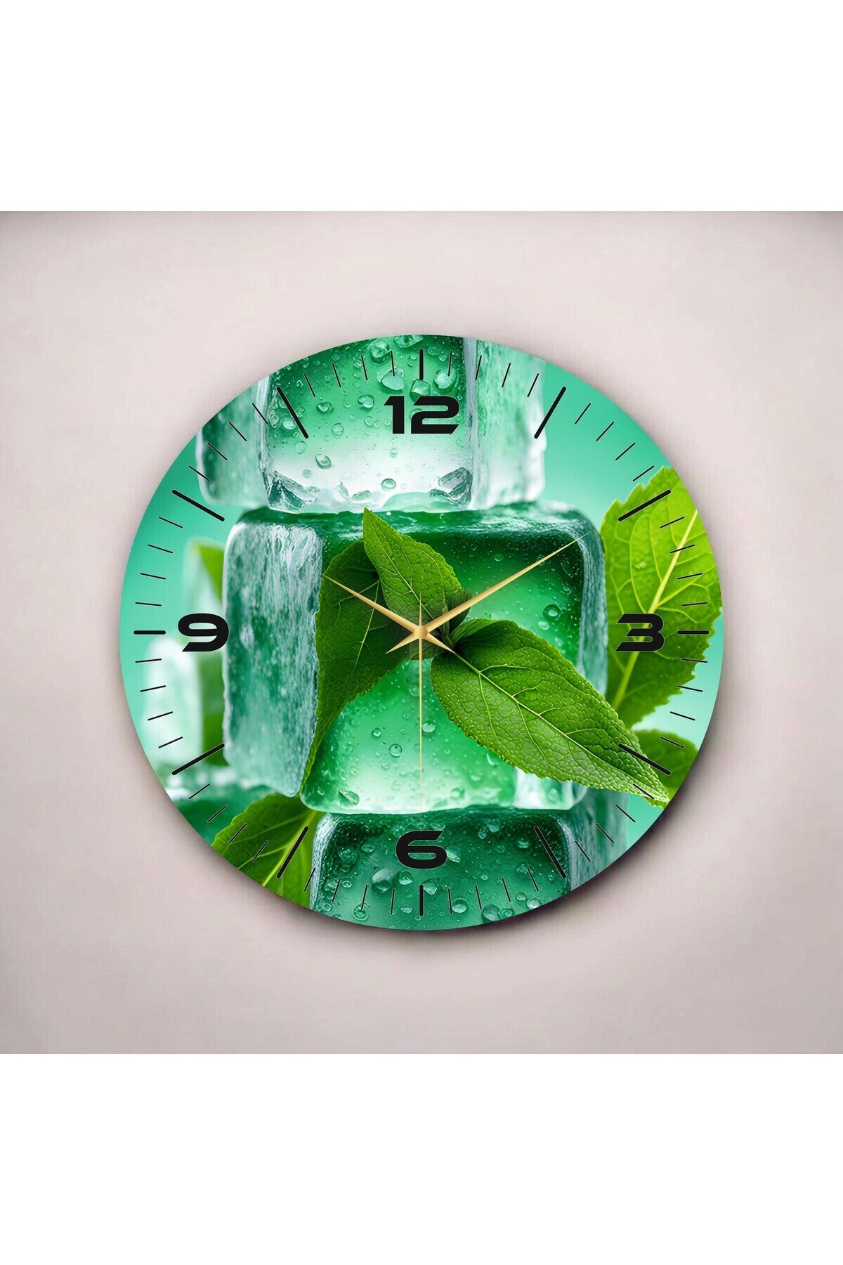 Yeşil Renkli Baskı Buz ve Nane Desenli Sayılı Hediyelik Ahşap Sessiz Tablo Duvar Saati