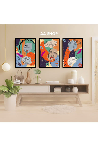3 Parça Kadın Renkli Solmaz Kaliteli Baskı Çerçeve Görünümlü MDF Tablo Set 48