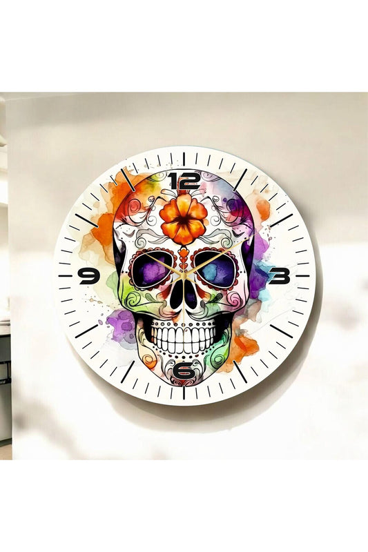 Renkli Baskı Kuru Kafa Desenli Sayılı Hediyelik Ahşap Sessiz Tablo Duvar Saati