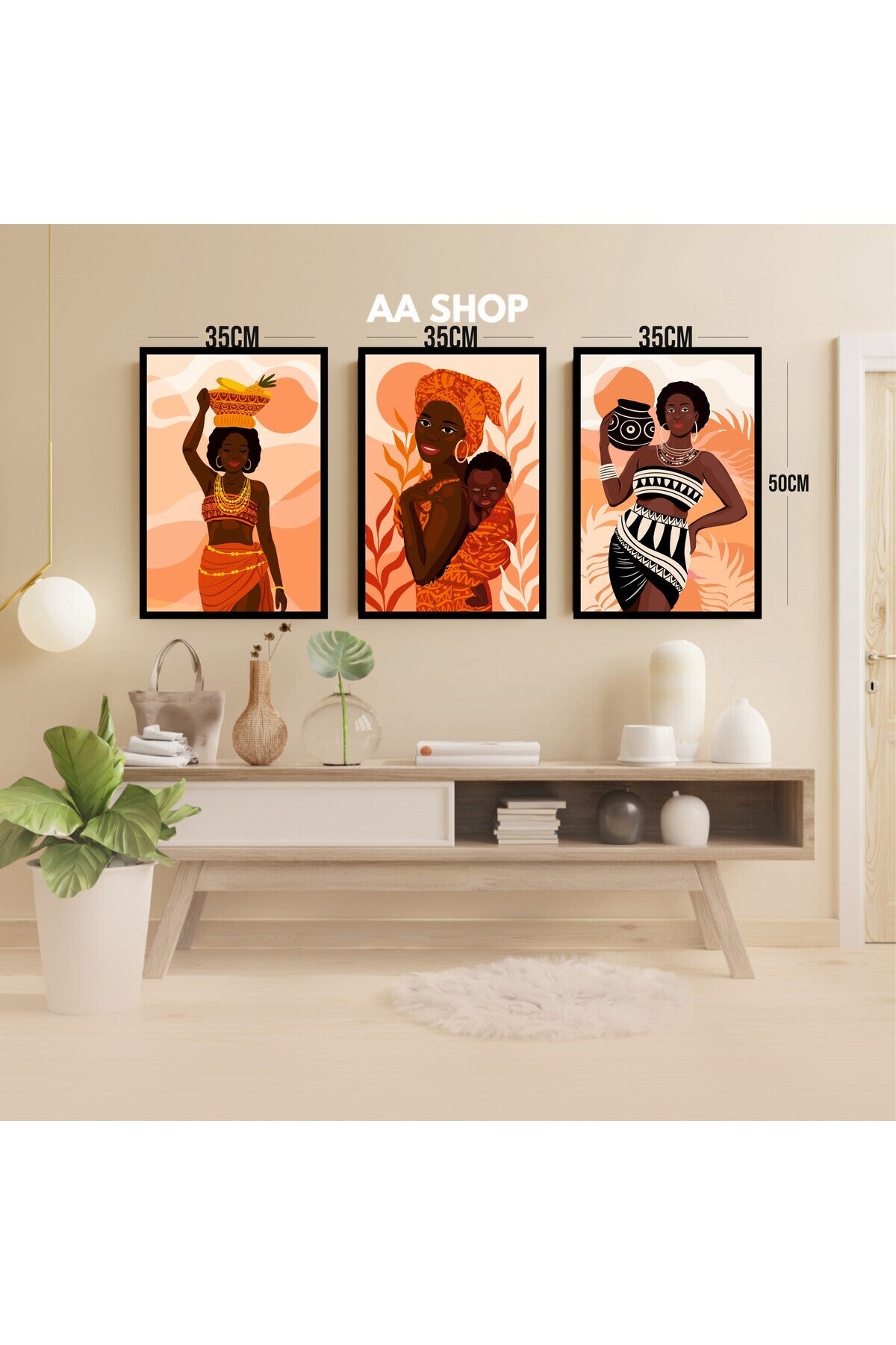 3 Parça Afrika Kadın Renkli Solmaz Kaliteli Baskı Çerçeve Görünümlü MDF Tablo Set 49