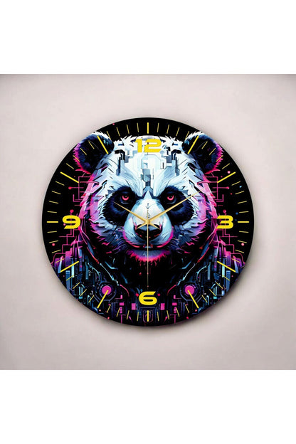 Renkli Baskı Panda Gamer Desenli Sayılı Hediyelik Ahşap Sessiz Tablo Duvar Saati