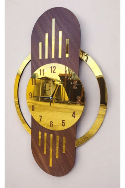 Ceviz Renk Gold Altın Sayılı Hediyelik Ahşap Dekoratif Sessiz Büyük Boy Duvar Saati 70cm