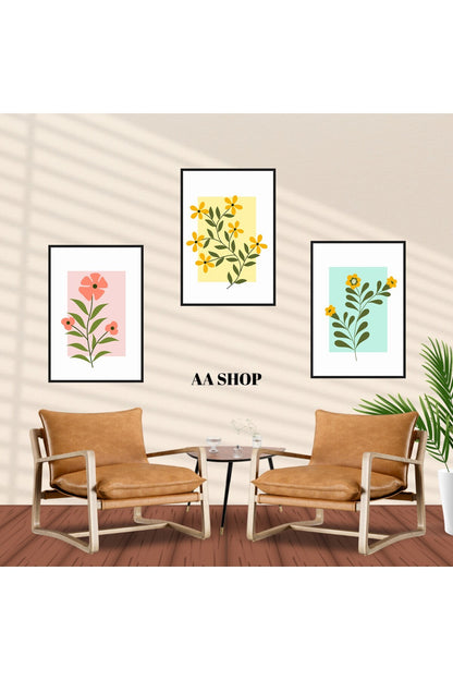 3 Parça Çiçek Yaprak Renkli Solmaz Kaliteli Baskı Çerçeve Görünümlü MDF Tablo Set 52