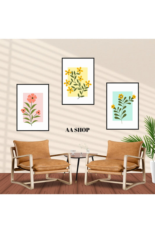 3 Parça Çiçek Yaprak Renkli Solmaz Kaliteli Baskı Çerçeve Görünümlü MDF Tablo Set 52