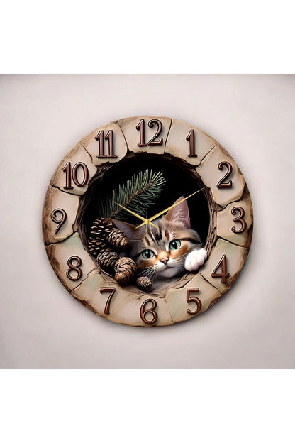 Ahşap Kabartma Görünümlü Renkli Baskı Kedi Desenli Sayılı Hediyelik Ahşap Sessiz Duvar Saati
