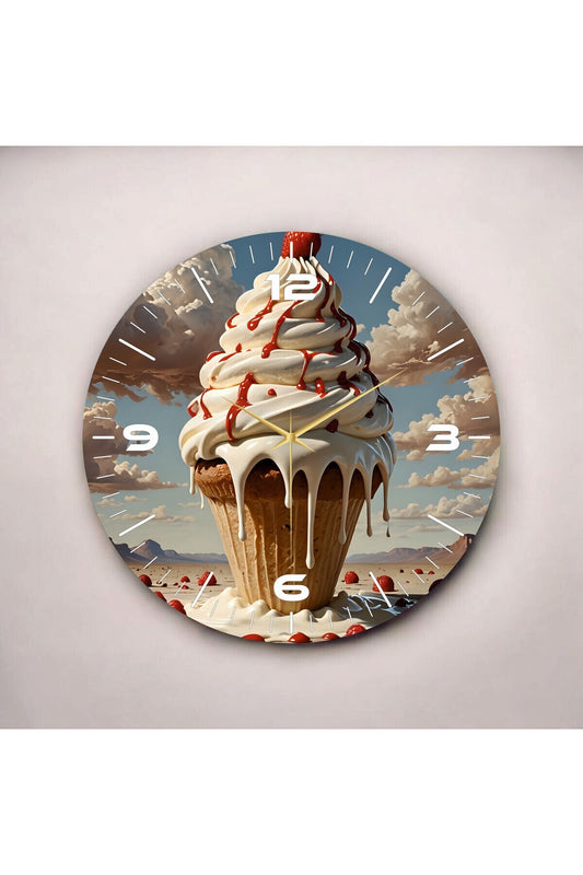 Renkli Baskı Dondurma Desenli Sayılı Hediyelik Ahşap Sessiz Tablo Duvar Saati