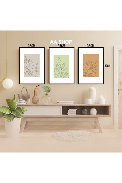 3 Parça Çiçek Yaprak Renkli Solmaz Kaliteli Baskı Çerçeve Görünümlü MDF Tablo Set 61