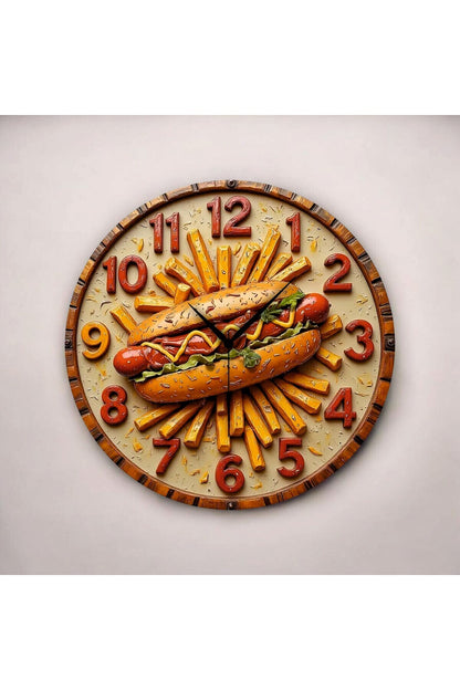 Renkli Baskı Büfe Sosis Yemek Desenli Sayılı Hediyelik Ahşap Sessiz Tablo Duvar Saati