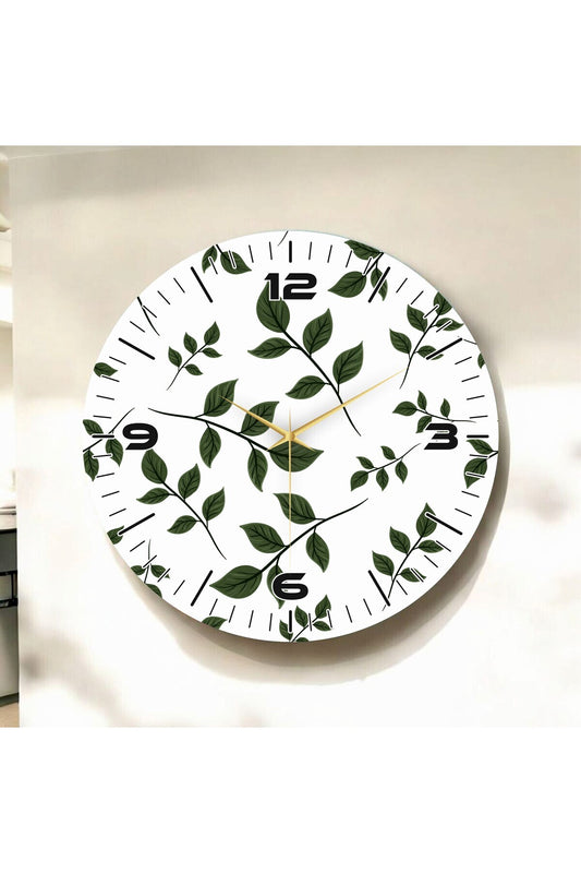 Beyaz Renkli Baskı Yaprak Desenli Sayılı Hediyelik Ahşap Sessiz Tablo Duvar Saati