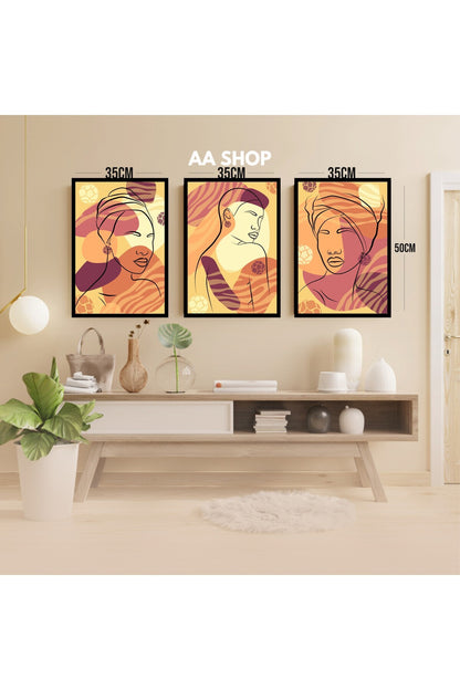 3 Parça Kadın Çiçek Renkli Solmaz Kaliteli Baskı Çerçeve Görünümlü MDF Tablo Set 45