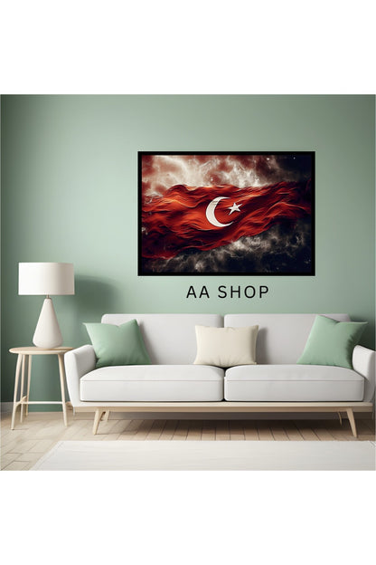 Türk Bayrağı Büyük Boy Renkli Solmaz Kaliteli Baskı Çerçeve Görünümlü MDF Tablo 70x50cm 173