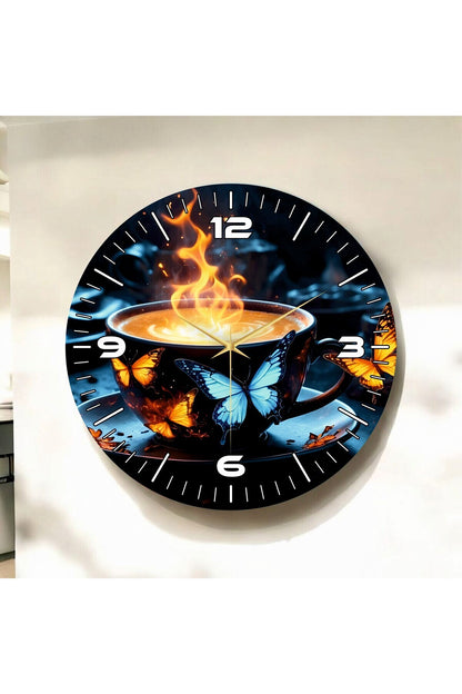 Renkli Baskı Kahve Kelebek Desenli Sayılı Hediyelik Ahşap Sessiz Tablo Duvar Saati 50cm