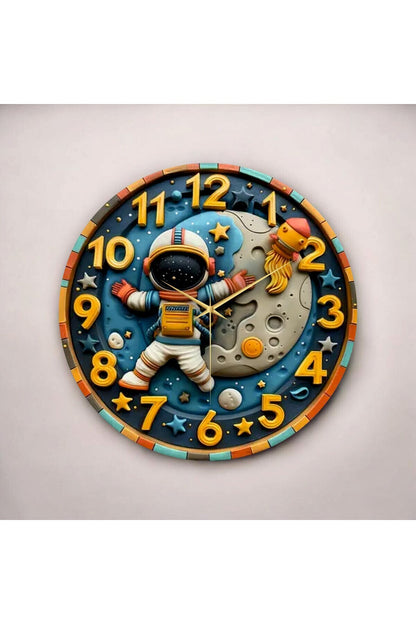Renkli Baskı Astronot Uzay Çocuk Desenli Sayılı Hediyelik Ahşap Sessiz Tablo Duvar Saati