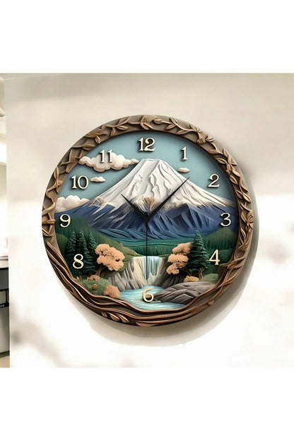 Kabartma Görünümlü Renkli Baskı Doğa Desenli Sayılı Hediyelik Ahşap Sessiz Tablo Duvar Saati