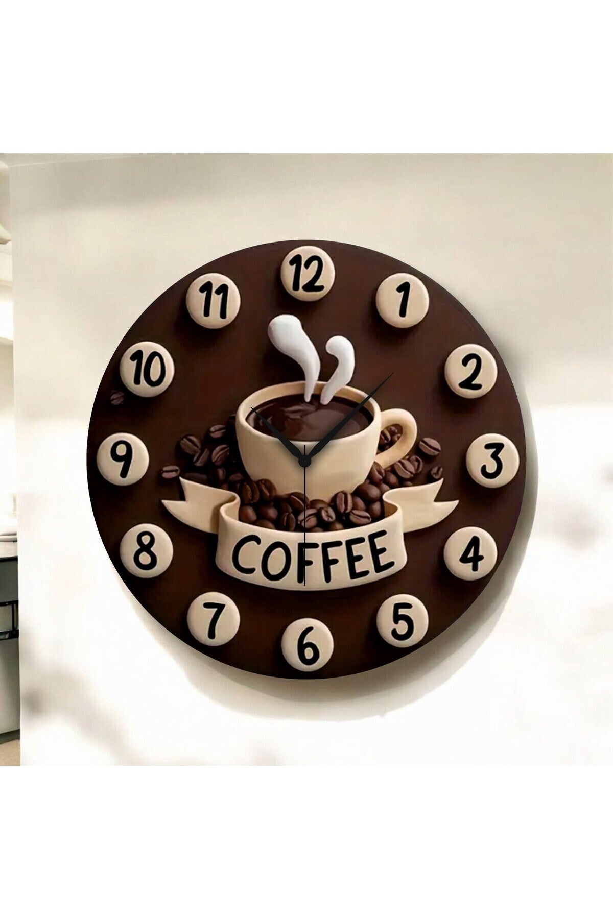 Kabartma Görünümlü Kahve Coffee Renkli Baskı Desenli Sayılı Hediyelik Ahşap Sessiz Duvar Saati