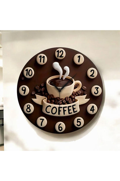 Kabartma Görünümlü Kahve Coffee Renkli Baskı Desenli Sayılı Hediyelik Ahşap Sessiz Duvar Saati
