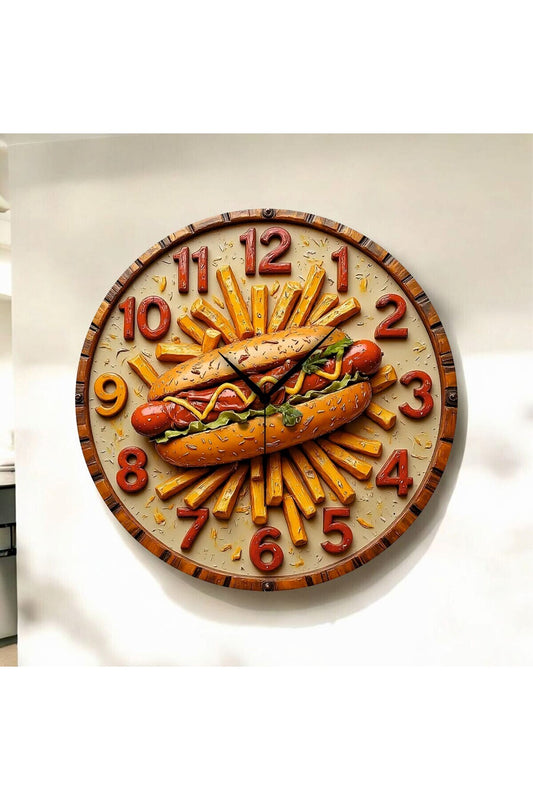 Renkli Baskı Büfe Sosis Yemek Desenli Sayılı Hediyelik Ahşap Sessiz Tablo Duvar Saati