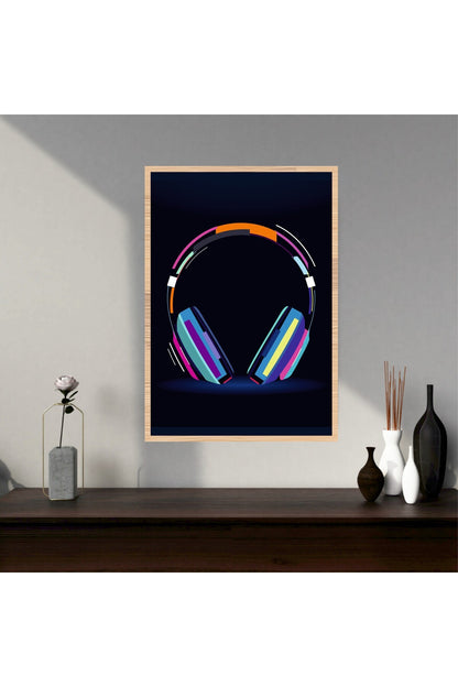 Müzik Kulaklık Büyük Boy Renkli Solmaz Kaliteli Baskı Çerçeve Görünümlü MDF Tablo 70x50cm 235