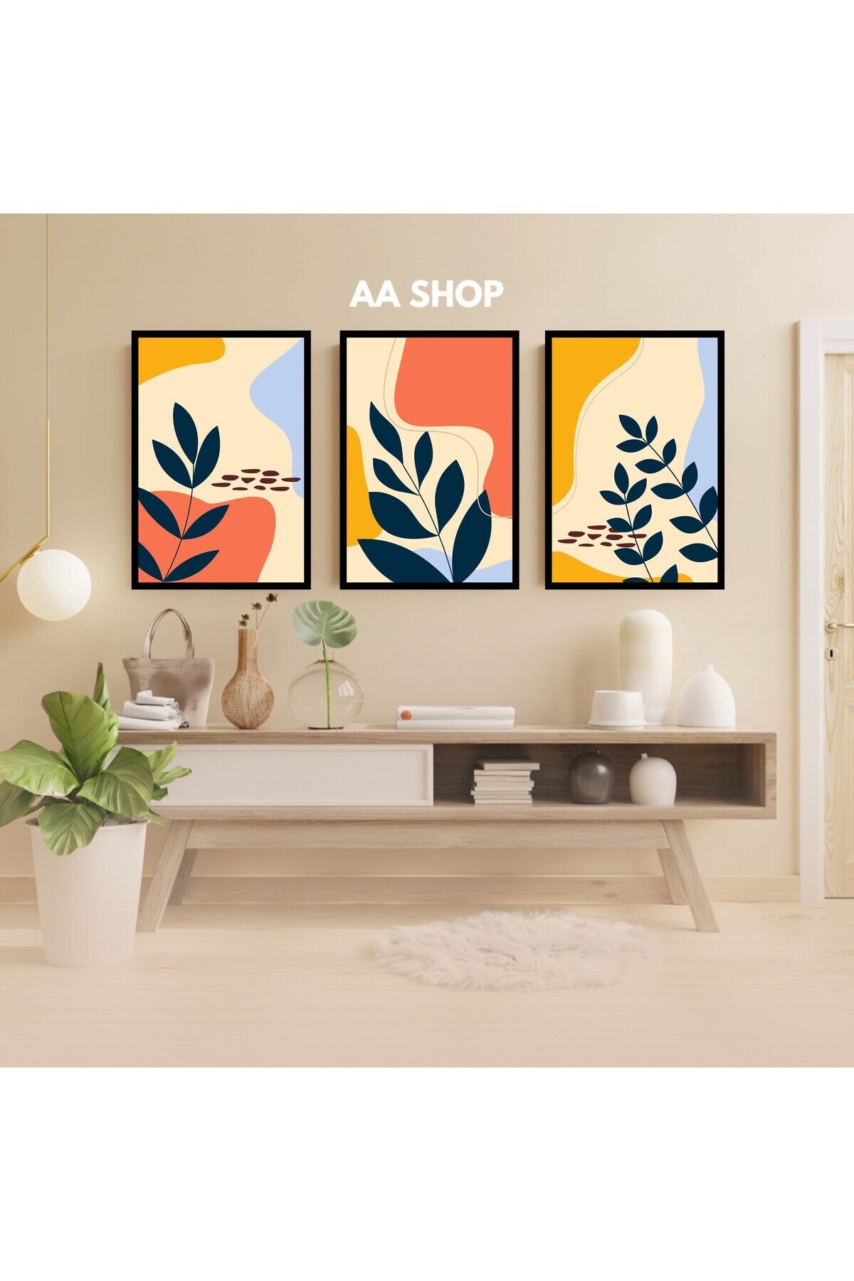 3 Parça Çiçek Yaprak Renkli Solmaz Kaliteli Baskı Çerçeve Görünümlü MDF Tablo Set 50