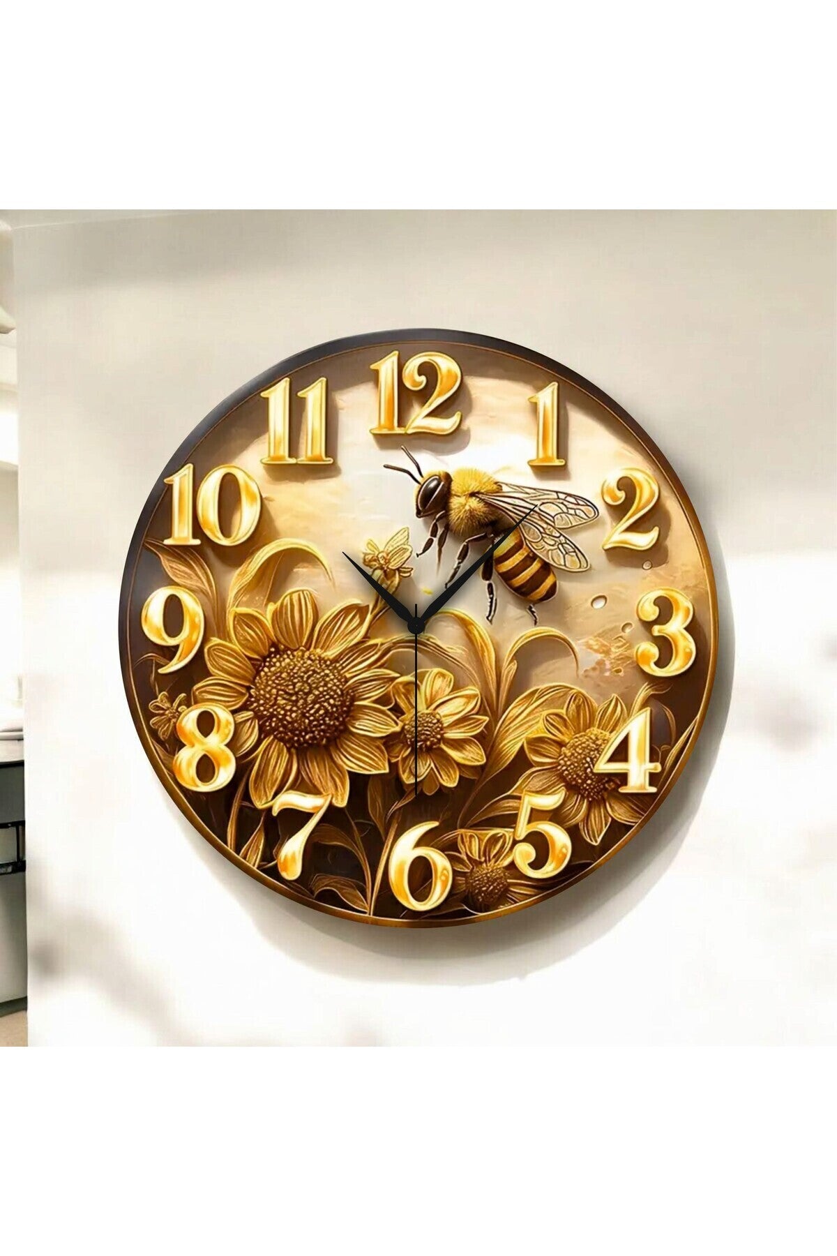 Renkli Baskı Arı Desenli Sayılı Hediyelik Ahşap Sessiz Tablo Duvar Saati