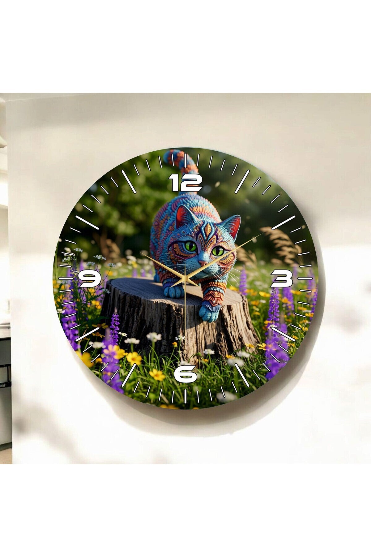 Yavru Renkli Kedi Baskı Desenli Sayılı Hediyelik Ahşap Sessiz Tablo Duvar Saati