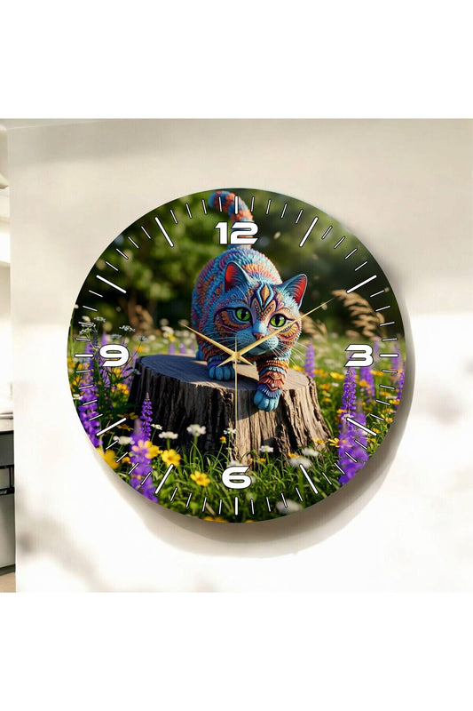 Yavru Renkli Kedi Baskı Desenli Sayılı Hediyelik Ahşap Sessiz Tablo Duvar Saati