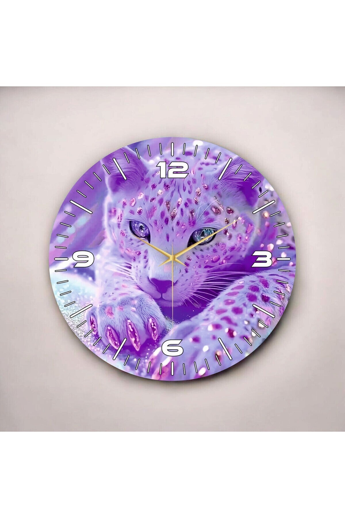 Leopar Hayvan Mor Renkli Baskı Desenli Sayılı Hediyelik Ahşap Sessiz Tablo Duvar Saati