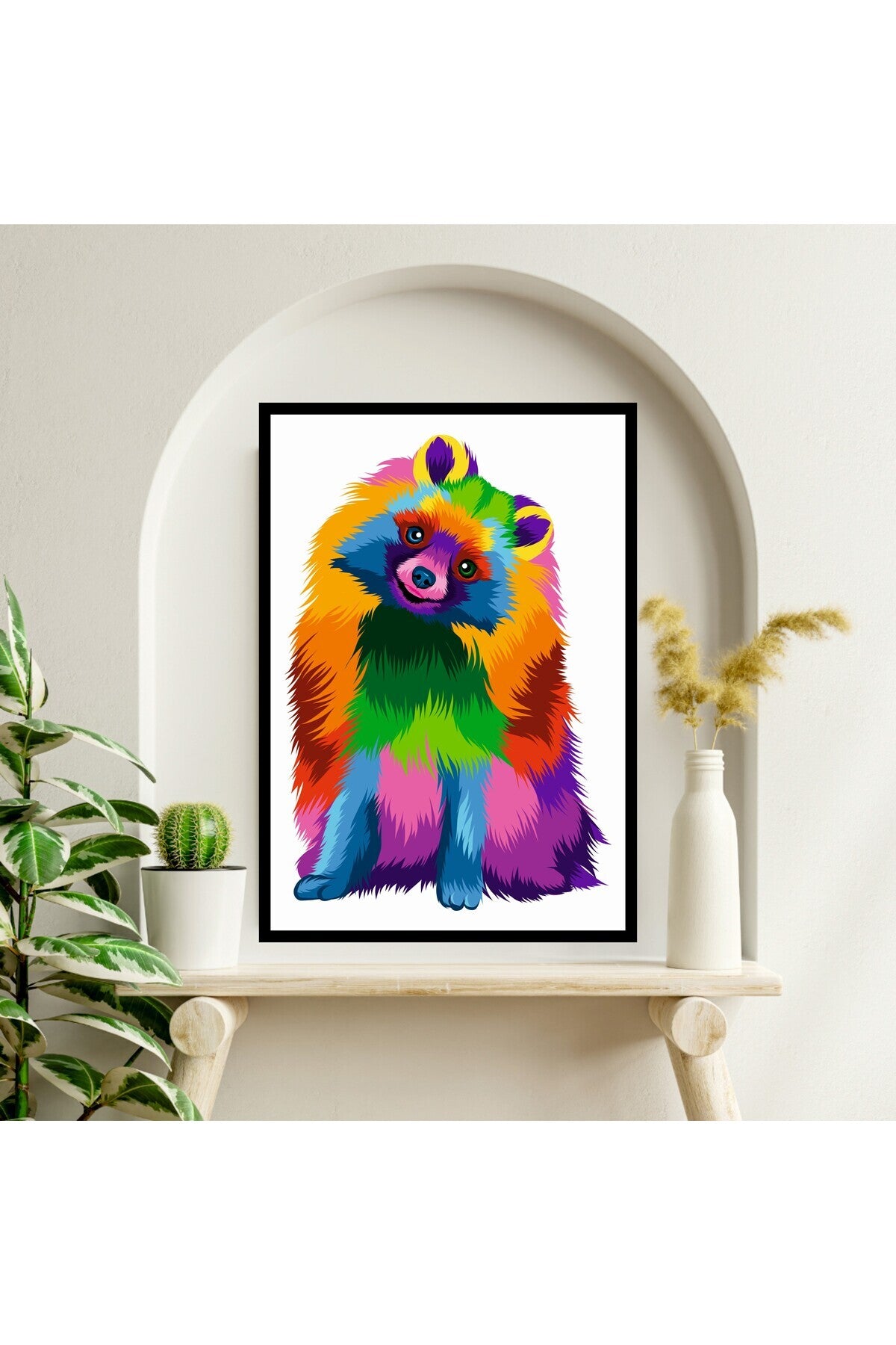 Köpek Pomeranian Hayvan Büyük Boy Renkli Solmaz Kaliteli Çerçeve Görünümlü MDF Tablo 70x50cm 08