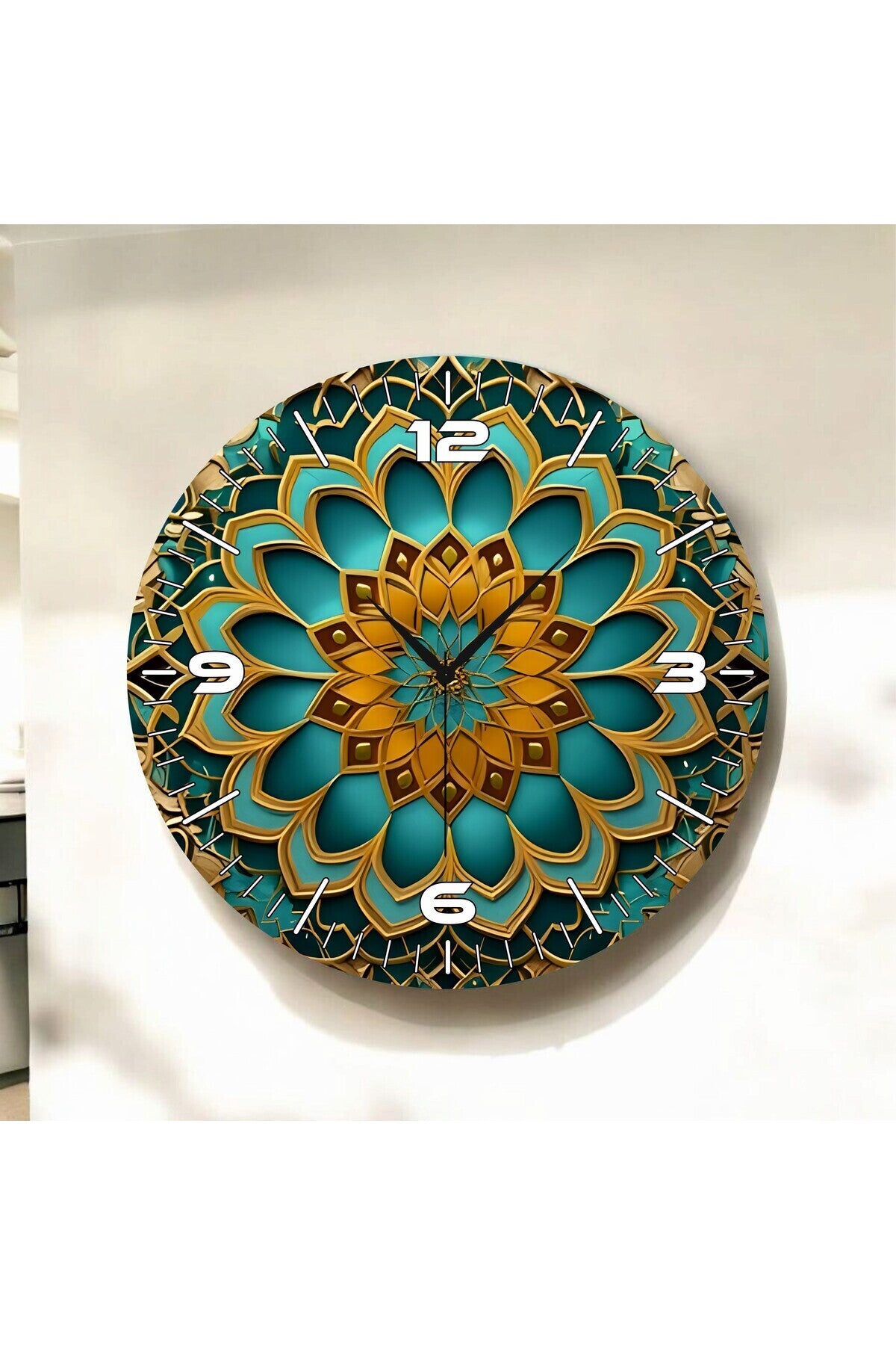 Zarif Renkli Baskı Mandala Desenli Sayılı Hediyelik Ahşap Sessiz Tablo Duvar Saati