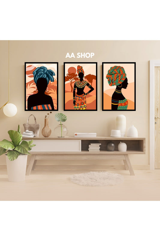 3 Parça Afrika Kadın Renkli Solmaz Kaliteli Baskı Çerçeve Görünümlü MDF Tablo Set 95