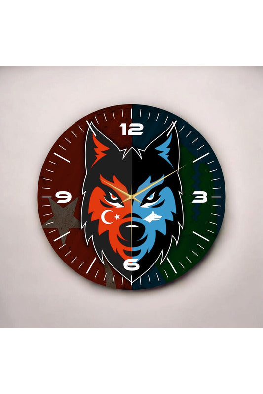 Kırmızı Mavi Renkli Baskı Bozkurt Türk Bayrak Desenli Sayılı Hediyelik Ahşap Sessiz Duvar Saati