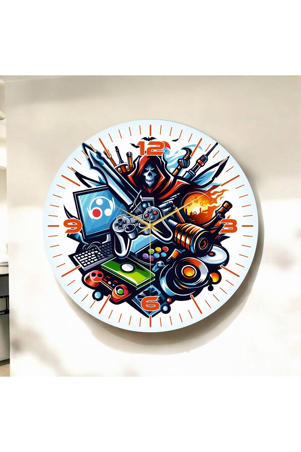 Gamer Tasarımlı Renkli Baskı Desenli Sayılı Hediyelik Ahşap Sessiz Tablo Duvar Saati