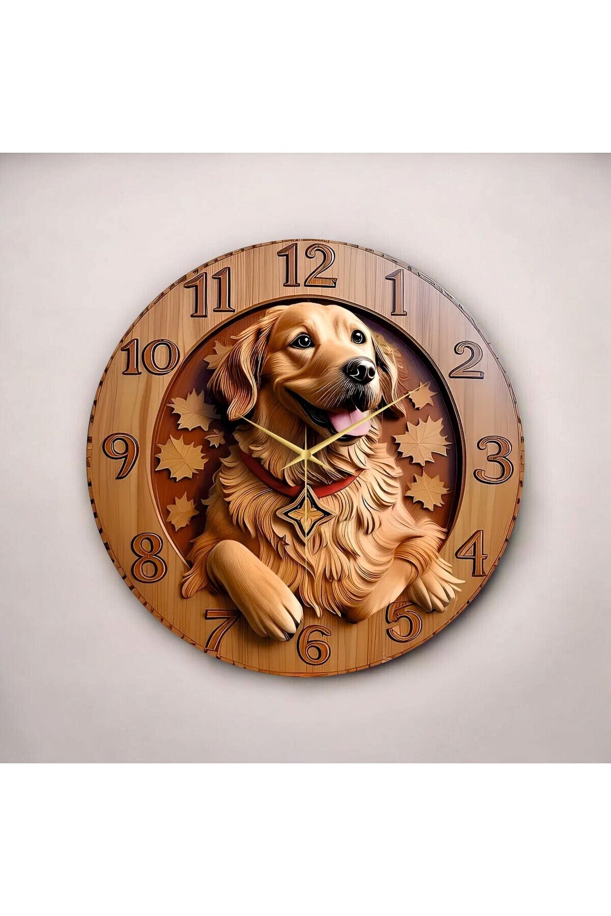 Ahşap Renkli Baskı Golden Köpek Desenli Kabartma Görünümlü Hediyelik Ahşap Sessiz Duvar Saati 45cm