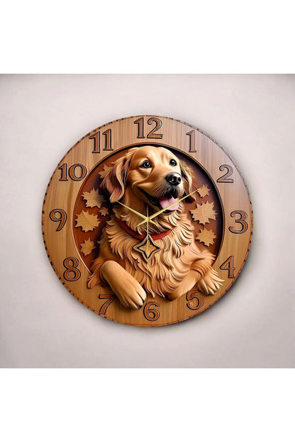 Ahşap Renkli Baskı Golden Köpek Desenli Kabartma Görünümlü Hediyelik Ahşap Sessiz Duvar Saati 45cm